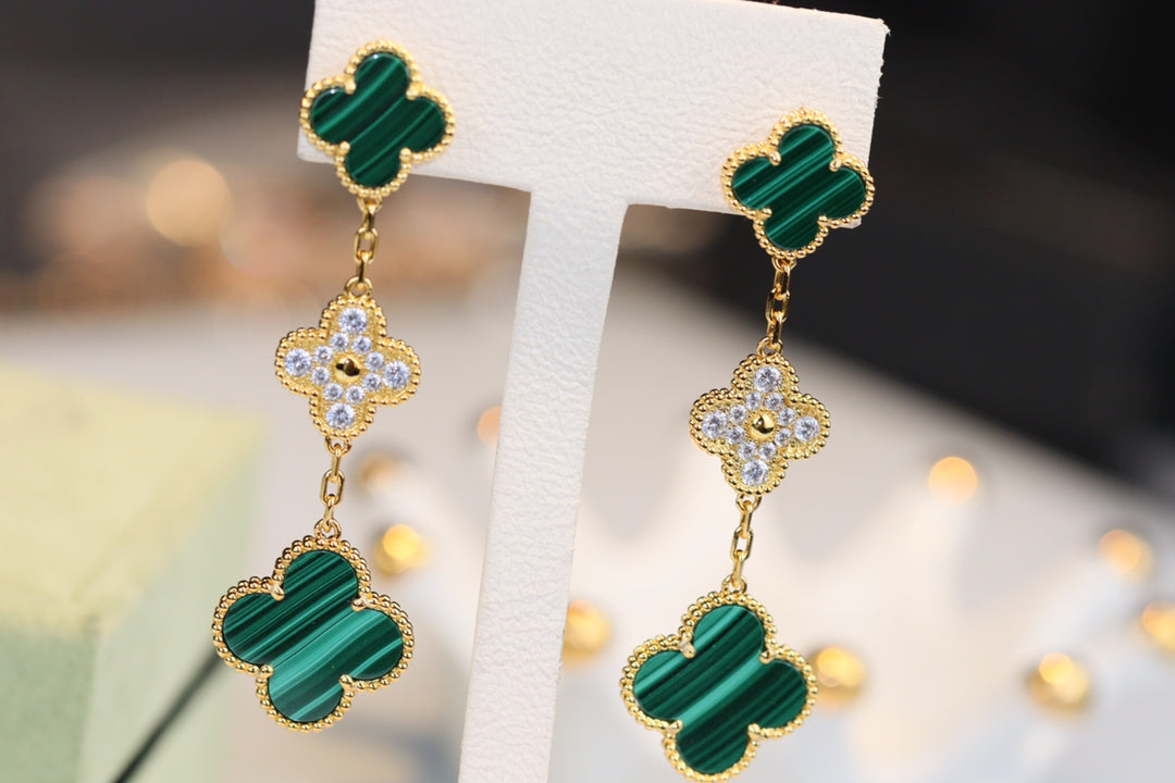 Van Cleef & Arpels CLOVER EARRINGS GOLD MALACHITE DIAMOND 3 MOTIF