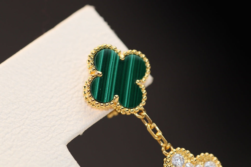 Van Cleef & Arpels CLOVER EARRINGS GOLD MALACHITE DIAMOND 3 MOTIF