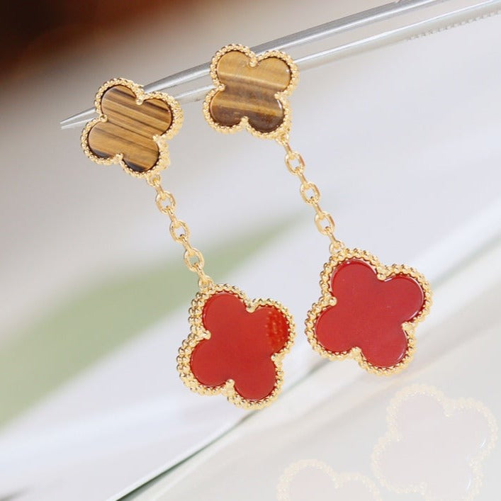 Van Cleef & Arpels CLOVER EARRINGS GOLD TIGER EYE CARNELIAN 2 MOTIF