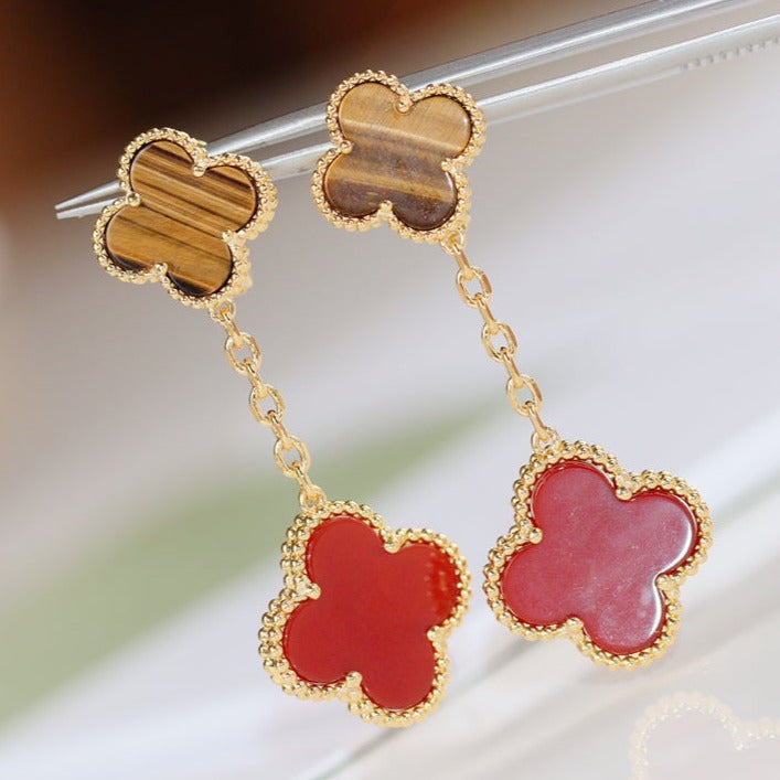 Van Cleef & Arpels CLOVER EARRINGS GOLD TIGER EYE CARNELIAN 2 MOTIF