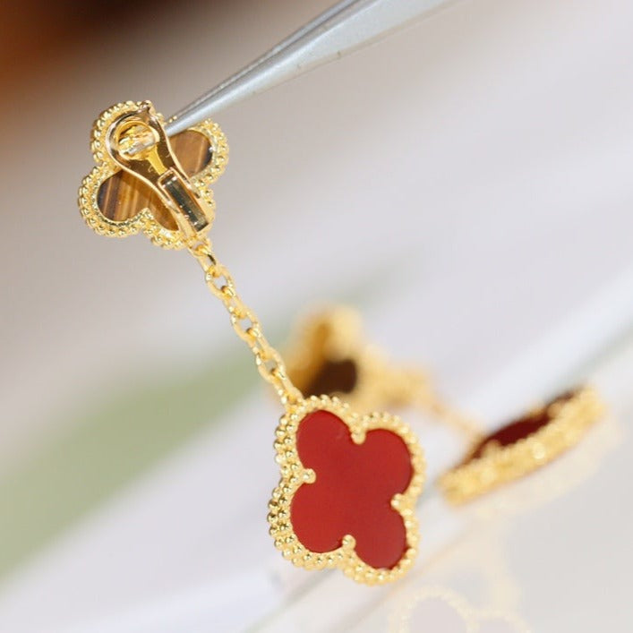 Van Cleef & Arpels CLOVER EARRINGS GOLD TIGER EYE CARNELIAN 2 MOTIF