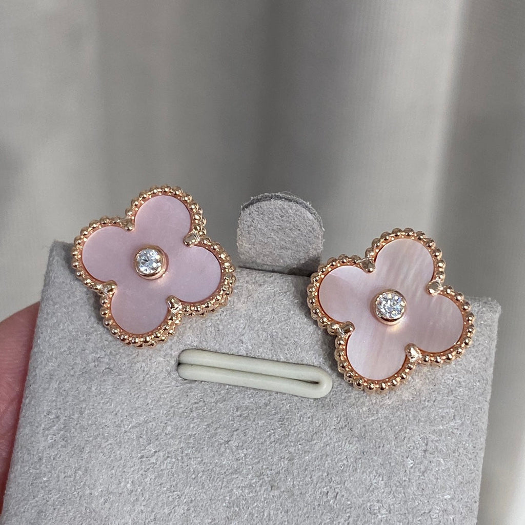 Van Cleef & Arpels CLOVER MOP PINK GOLD DIAMOND EARRINGS