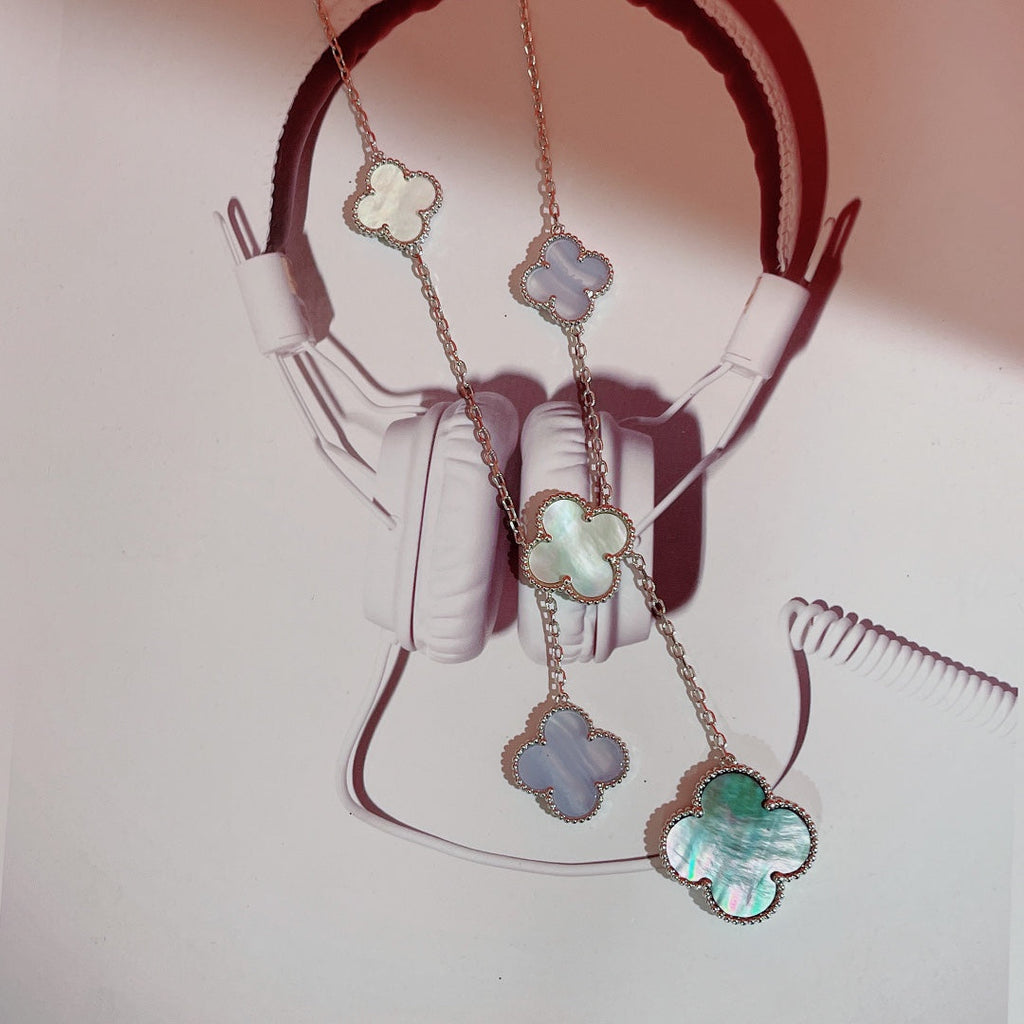 Van Cleef & Arpels CLOVER MOP CHALCEDONY NECKLACE SILVER 6 MOTIF