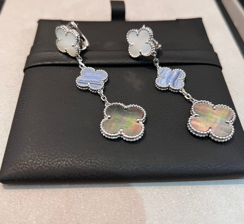 Van Cleef & Arpels CLOVER MOP 3 MOTIFS SILVER EARRINGS