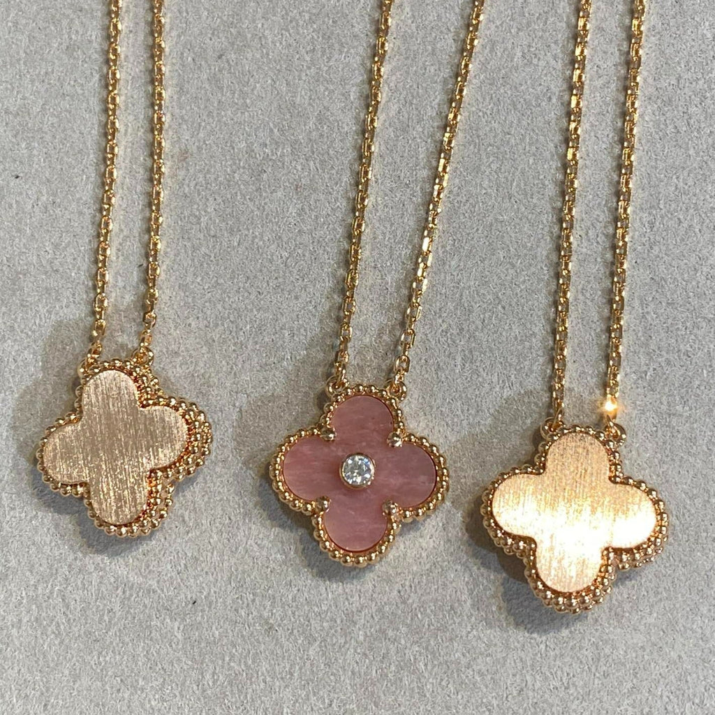 Van Cleef & Arpels CLOVER RHODONITE 1 DIAMOND PINK GOLD NECKLACE