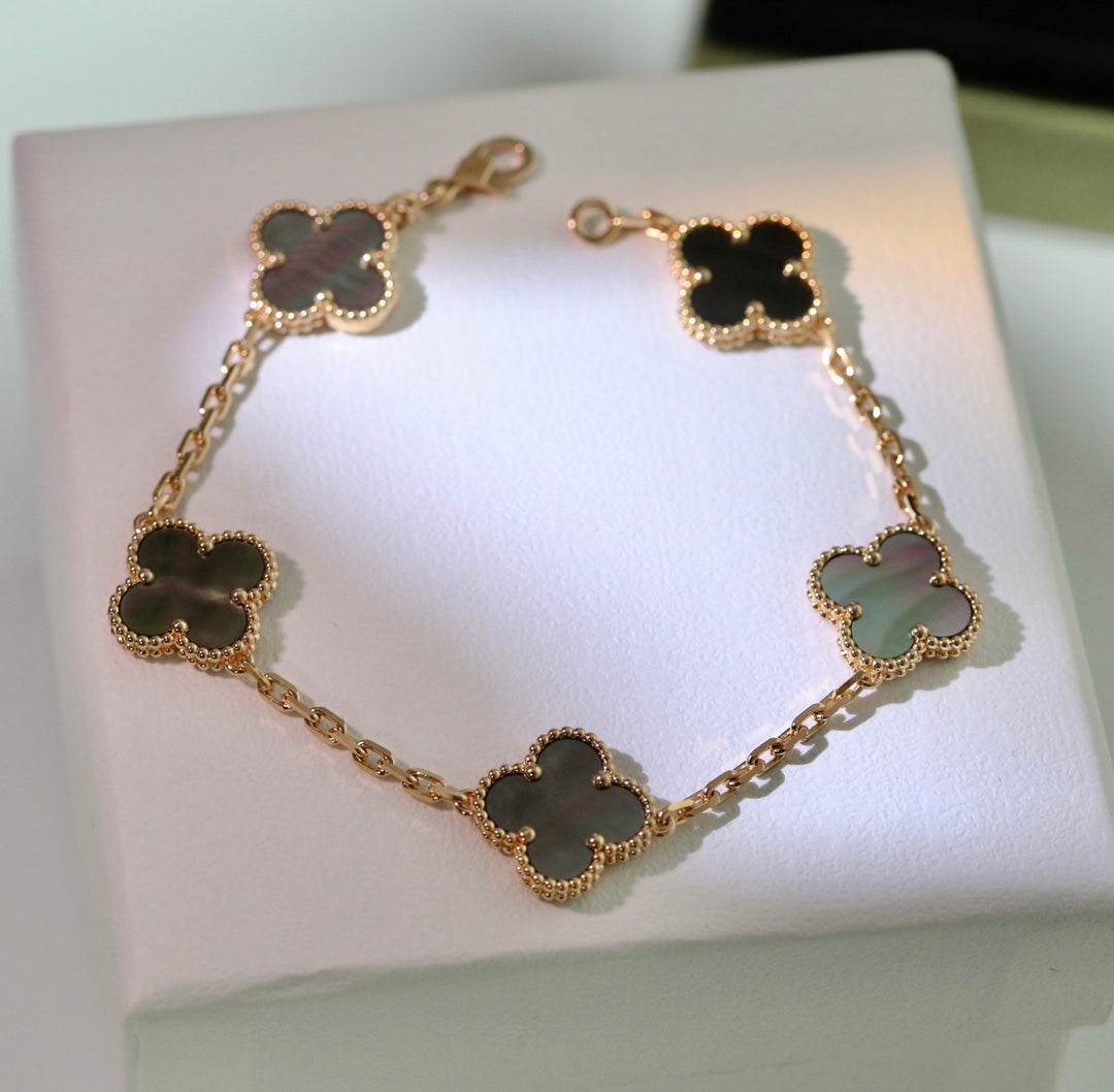 Van Cleef & Arpels CLOVER BLACK MOP PINK GOLD BRACELET 5 MOTIFS
