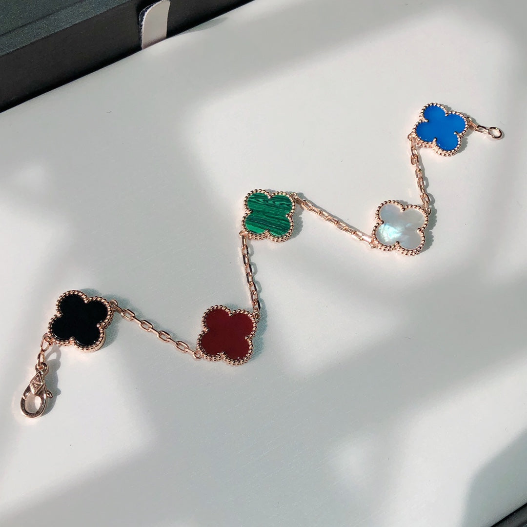 Van Cleef & Arpels CLOVER MULTICOLOR PINK GOLD BRACELET 5 MOTIFS