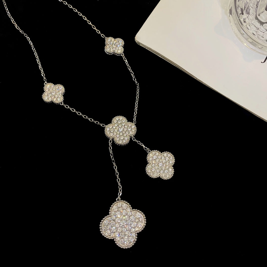 Van Cleef & Arpels CLOVER 5 MOTIFS SILVER DIAMONDS NECKLACE