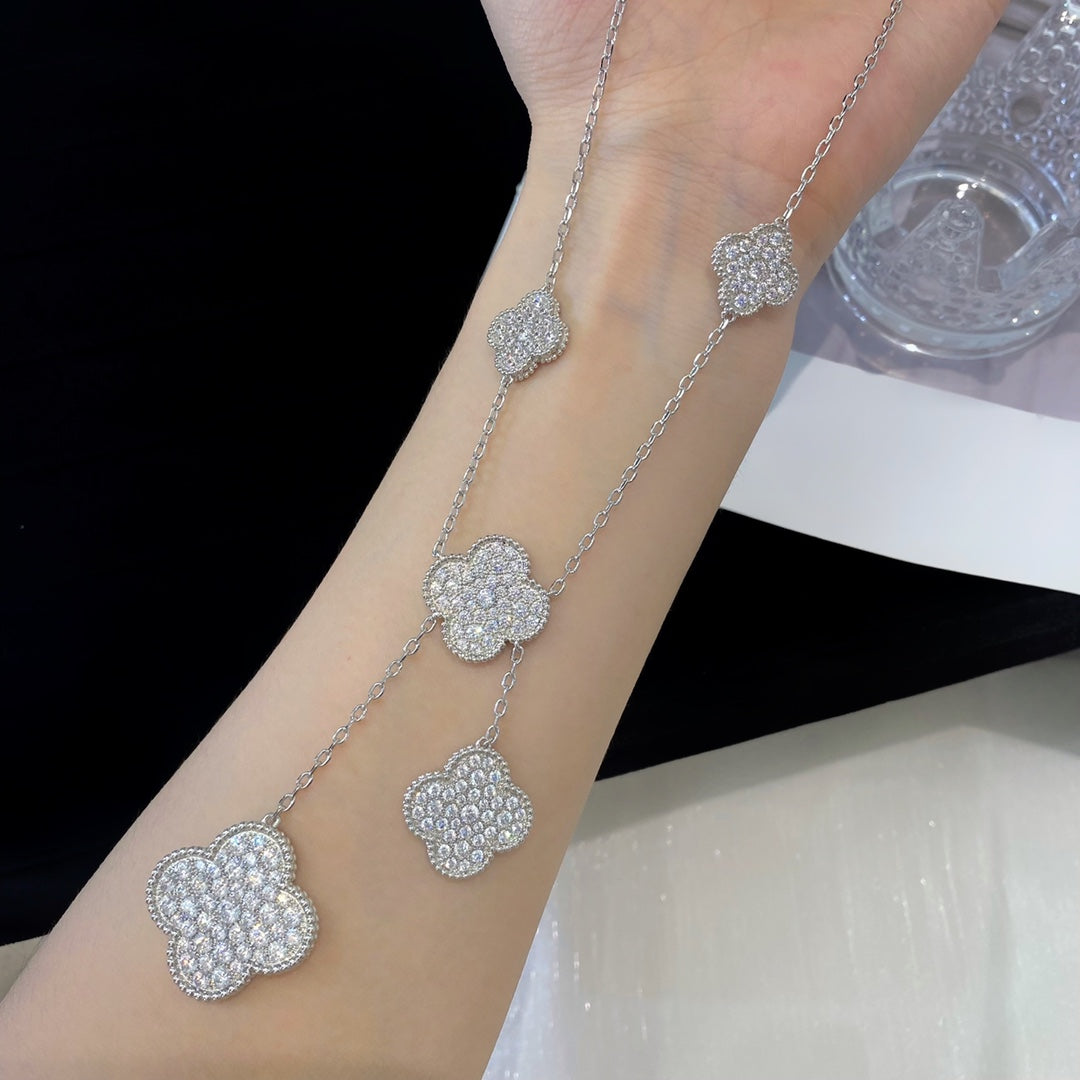 Van Cleef & Arpels CLOVER 5 MOTIFS SILVER DIAMONDS NECKLACE