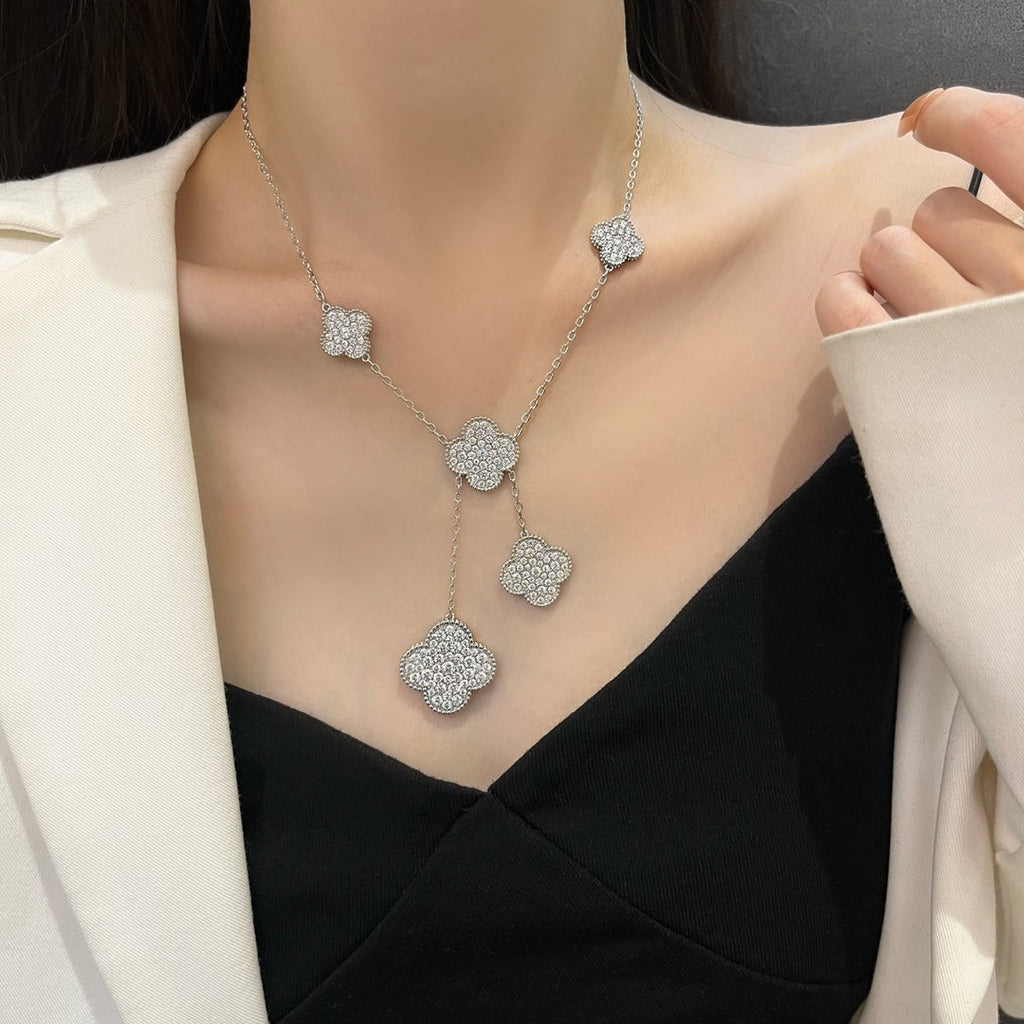 Van Cleef & Arpels CLOVER 5 MOTIFS SILVER DIAMONDS NECKLACE