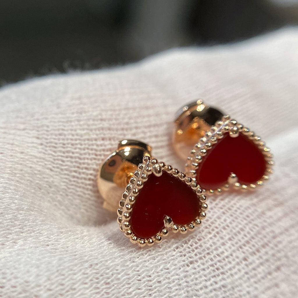 Van Cleef & Arpels HEART CARNELIAN PINK GOLD STUD EARRINGS