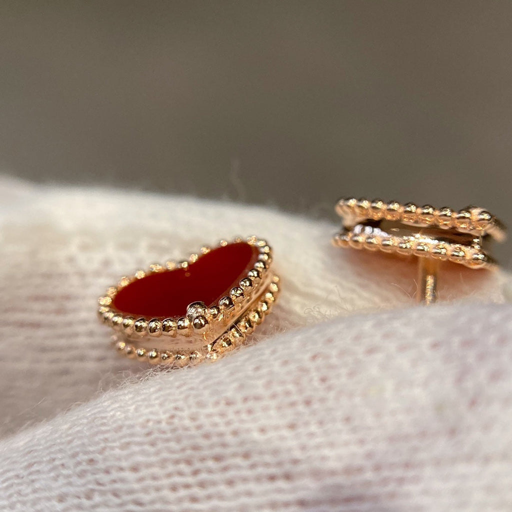 Van Cleef & Arpels HEART CARNELIAN PINK GOLD STUD EARRINGS