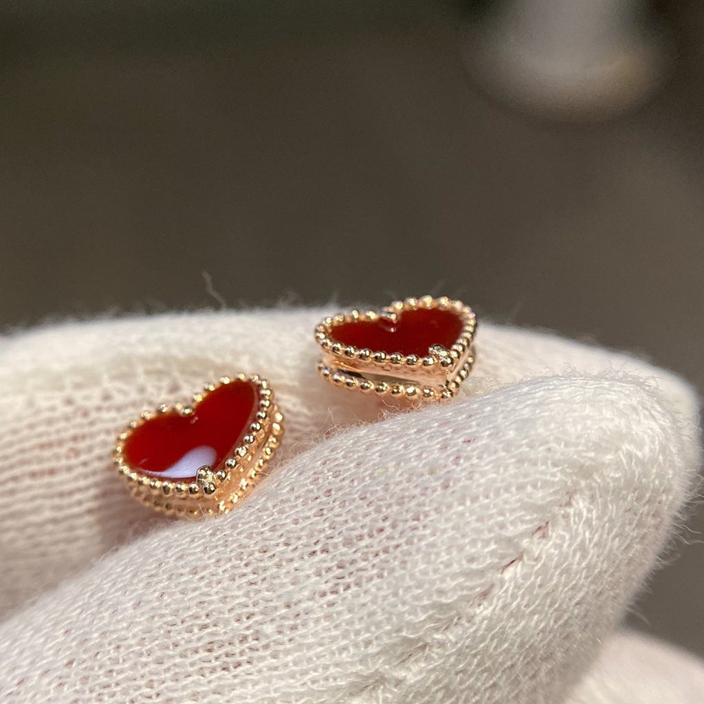 Van Cleef & Arpels HEART CARNELIAN PINK GOLD STUD EARRINGS
