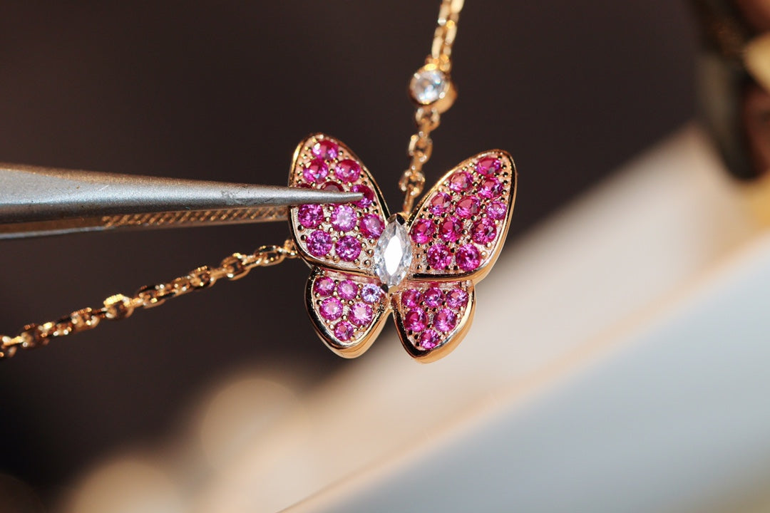 Van Cleef & Arpels BUTTERFLY RED DIAMOND PINK GOLD NECKLACE