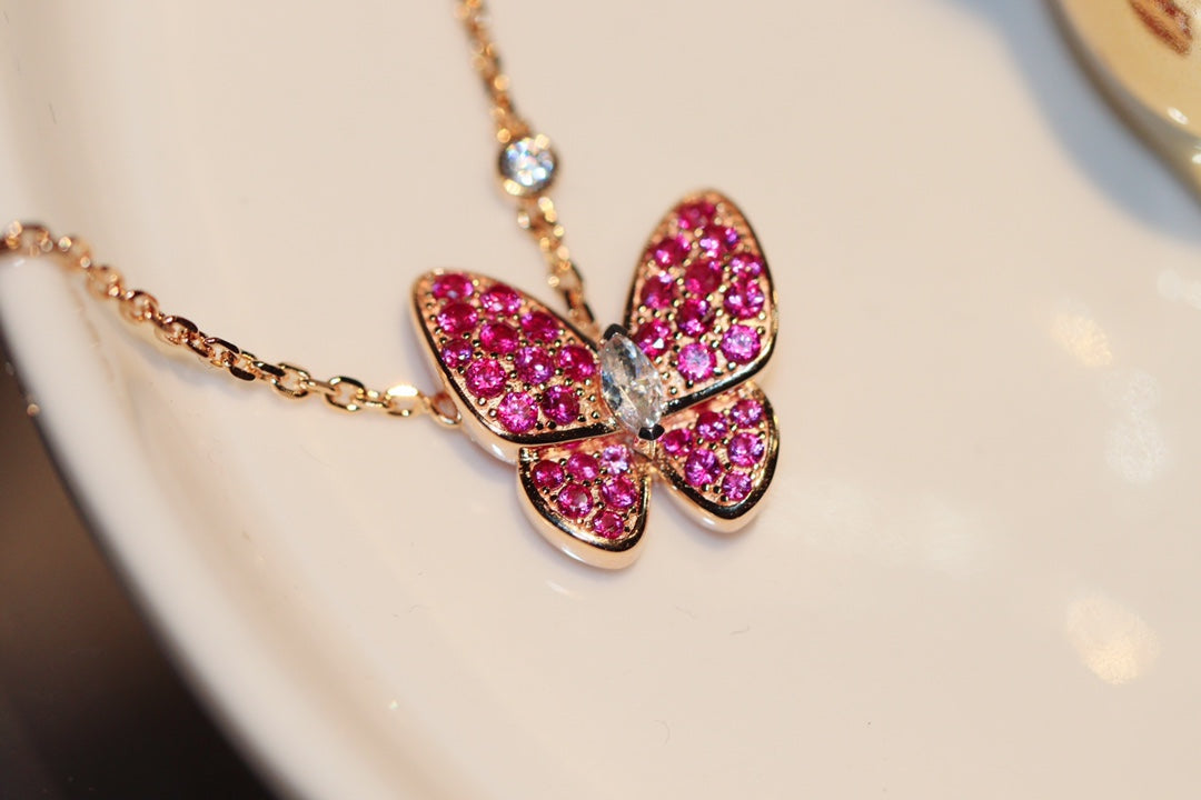 Van Cleef & Arpels BUTTERFLY RED DIAMOND PINK GOLD NECKLACE