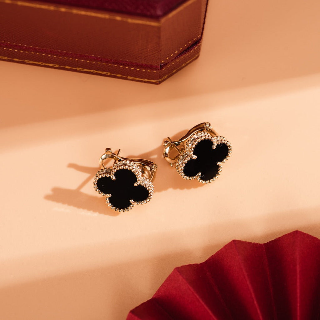 Van Cleef & Arpels CLOVER MEDIUM ONYX PINK GODL EARRINGS