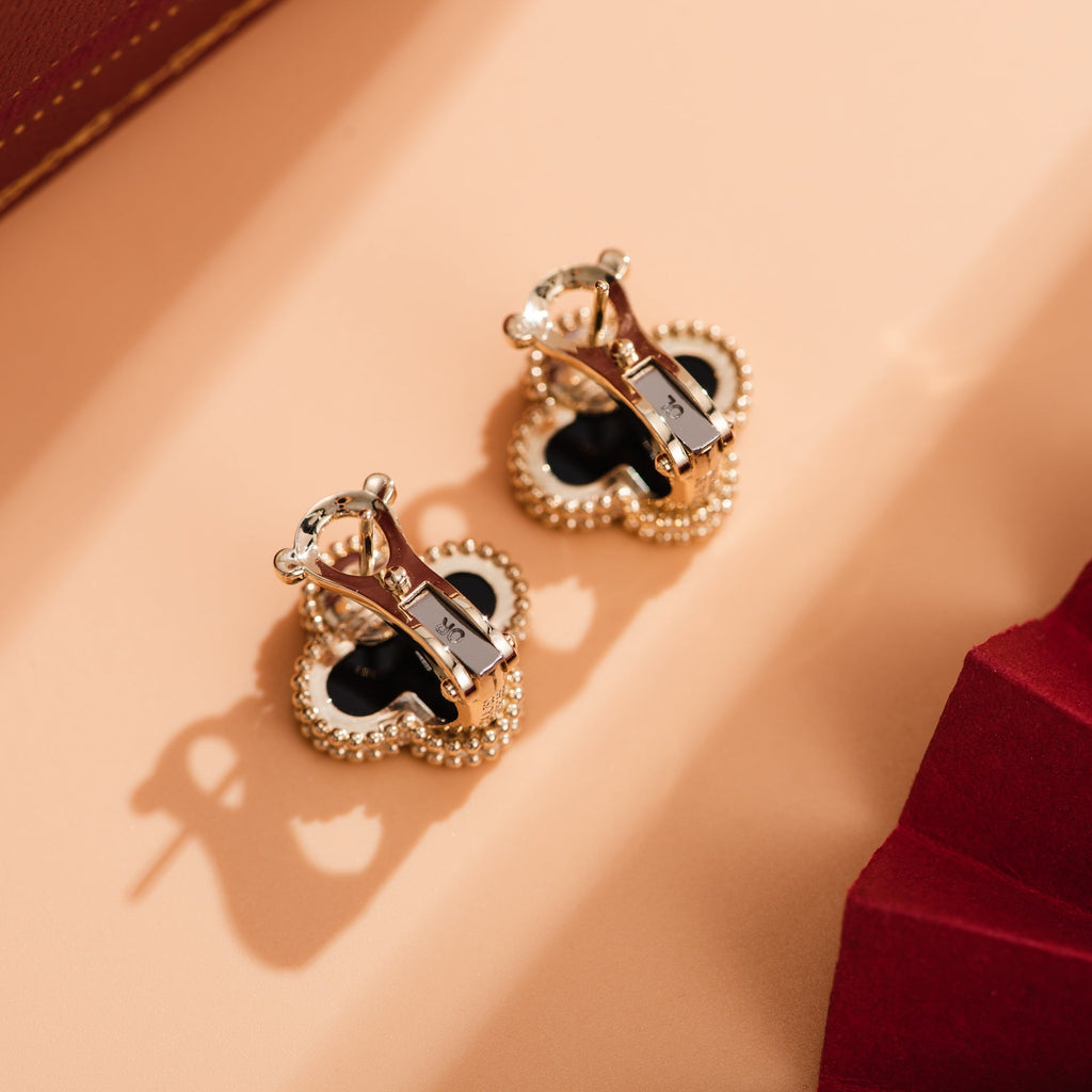 Van Cleef & Arpels CLOVER MEDIUM ONYX PINK GODL EARRINGS