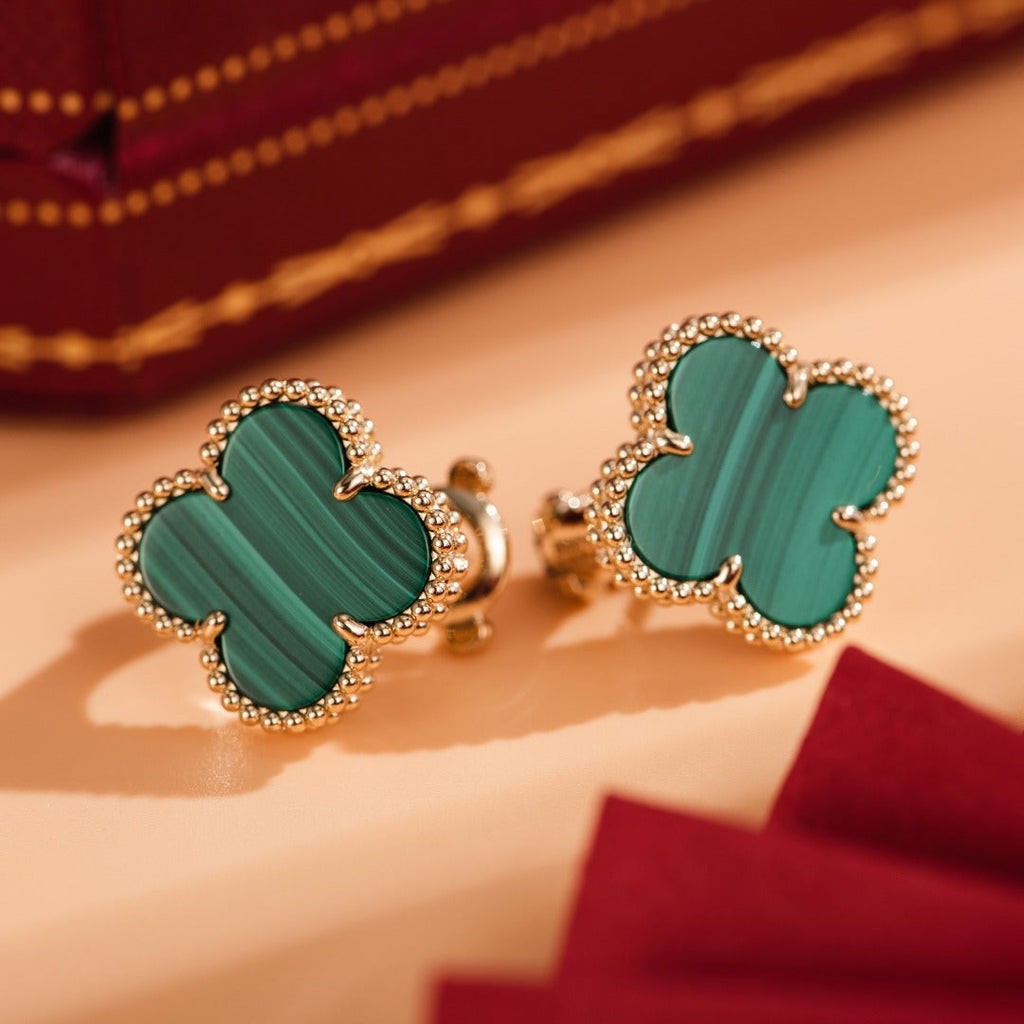 Van Cleef & Arpels CLOVER MEDIUM MALACHITE PINK GODL EARRINGS