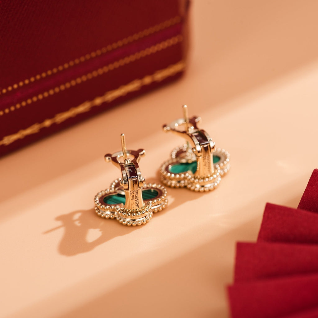 Van Cleef & Arpels CLOVER MEDIUM MALACHITE PINK GODL EARRINGS