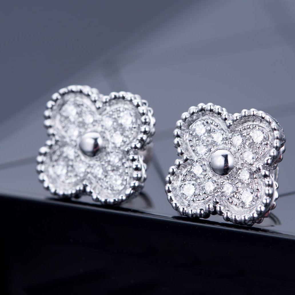 Van Cleef & Arpels CLOVER SILVER DIAMOND STUD EARRINGS