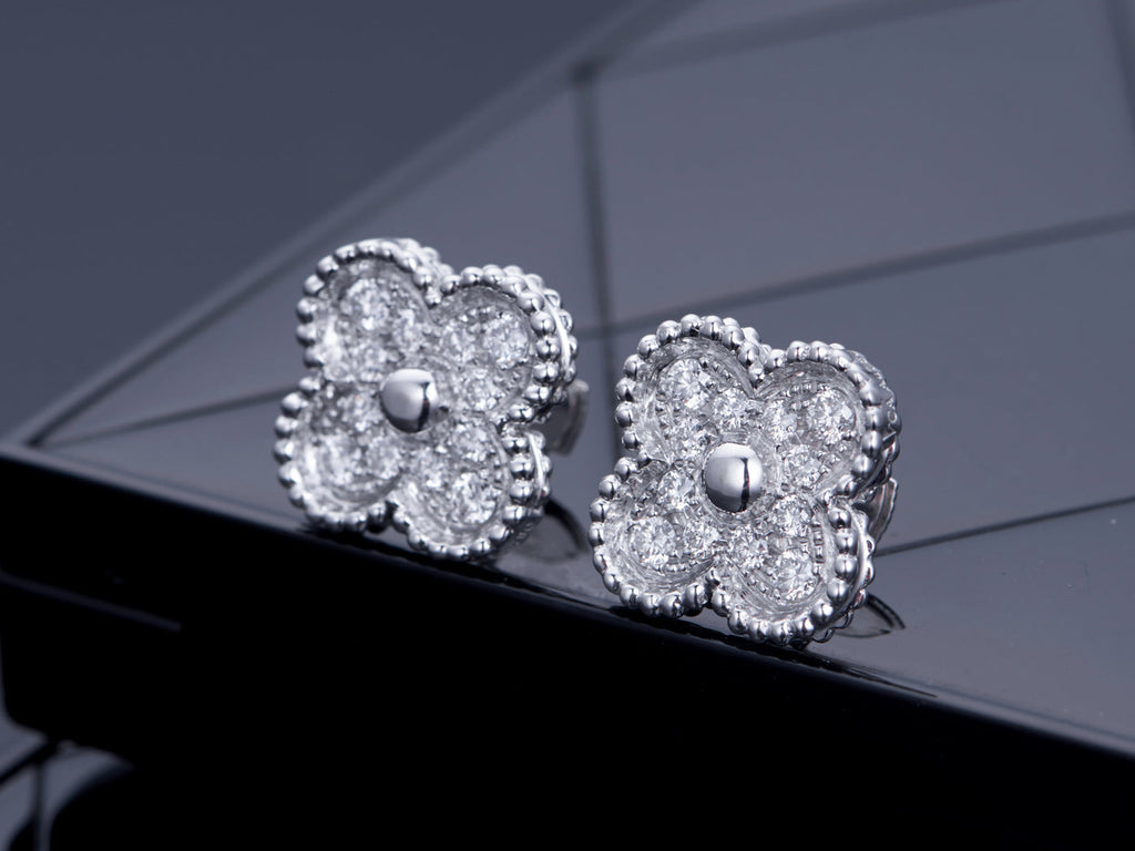 Van Cleef & Arpels CLOVER SILVER DIAMOND STUD EARRINGS