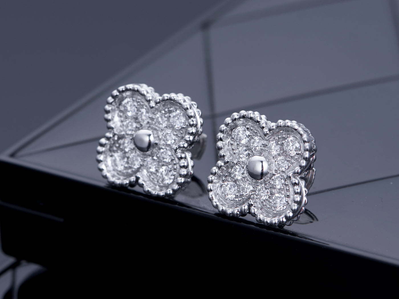 Van Cleef & Arpels CLOVER SILVER DIAMOND STUD EARRINGS