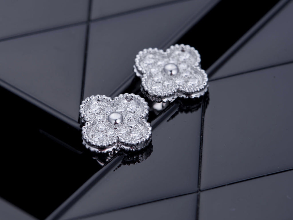 Van Cleef & Arpels CLOVER SILVER DIAMOND STUD EARRINGS