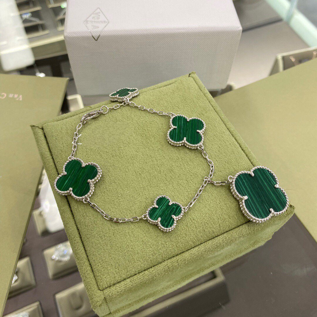 Van Cleef & Arpels CLOVER 5 MOTIFS SIVLER MALACHITE BRACELET