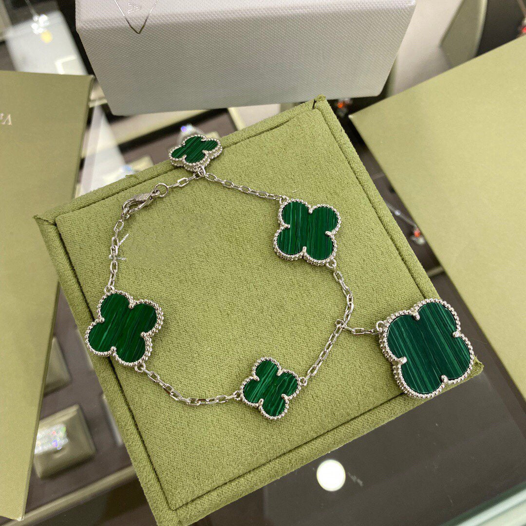 Van Cleef & Arpels CLOVER 5 MOTIFS SIVLER MALACHITE BRACELET