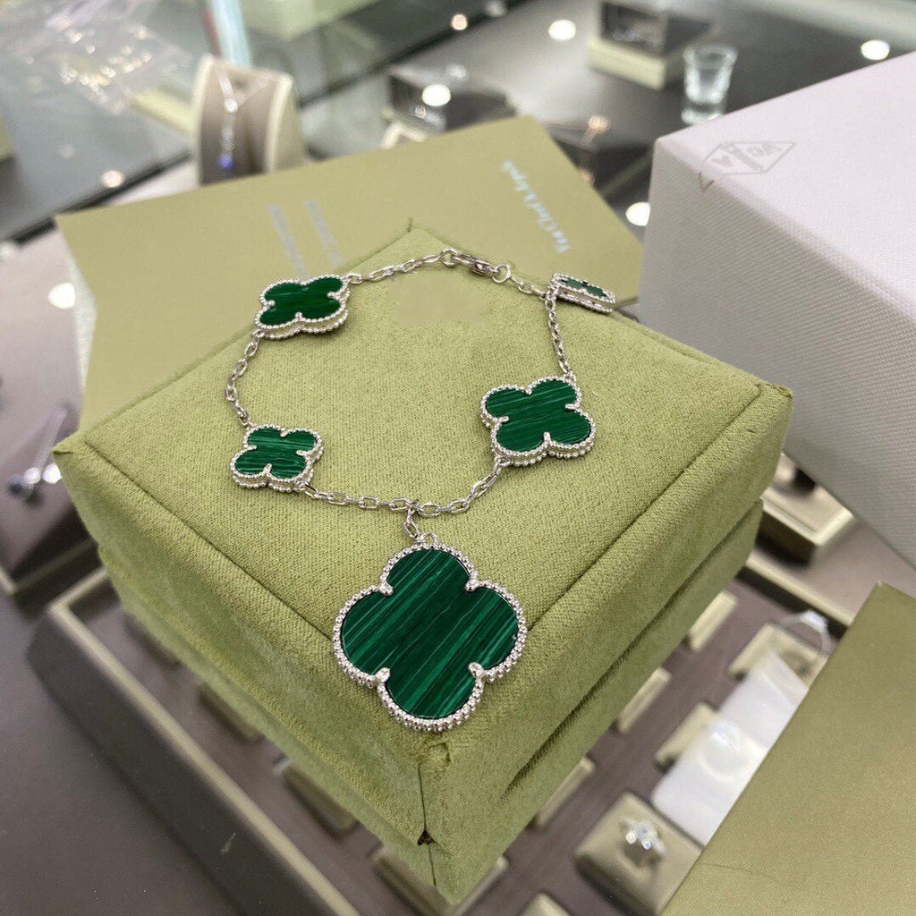 Van Cleef & Arpels CLOVER 5 MOTIFS SIVLER MALACHITE BRACELET