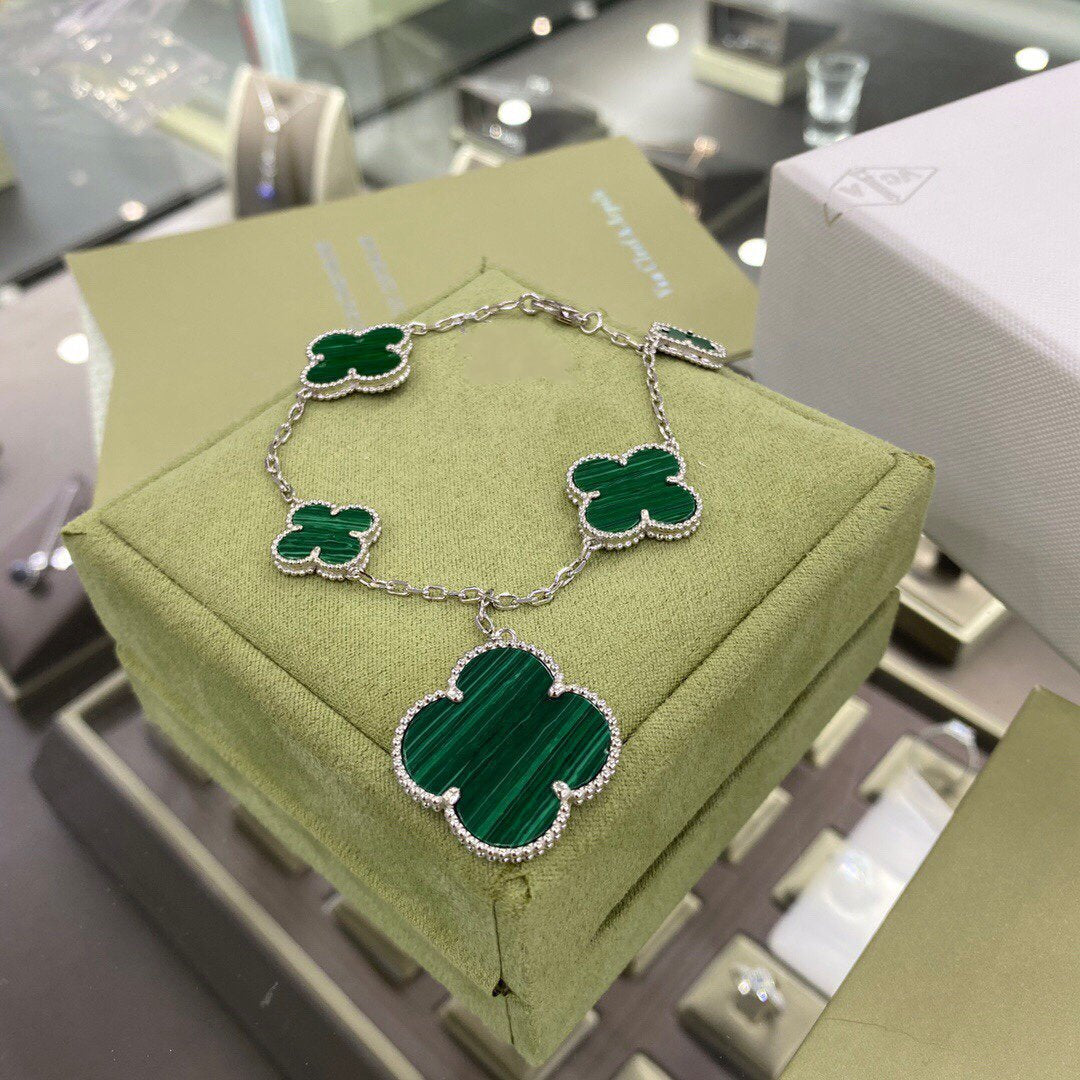 Van Cleef & Arpels CLOVER 5 MOTIFS SIVLER MALACHITE BRACELET