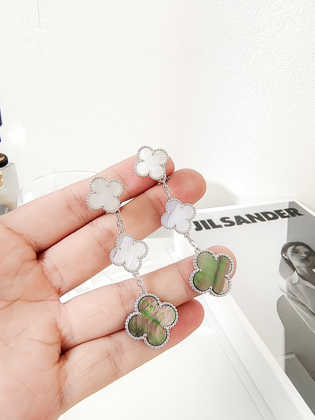 Van Cleef & Arpels CLOVER 3 MOTIFS CHALCEDONY DARK MOP SILVER EARRINGS