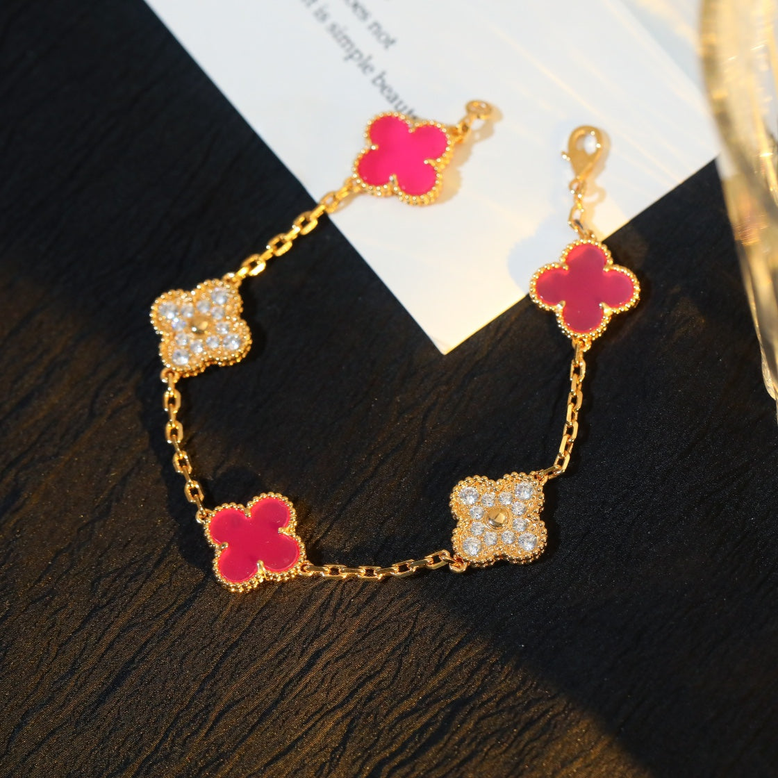 Van Cleef & Arpels CLOVER 5 GOLD DIAMOND PINK NATURAL STONE BRACELET