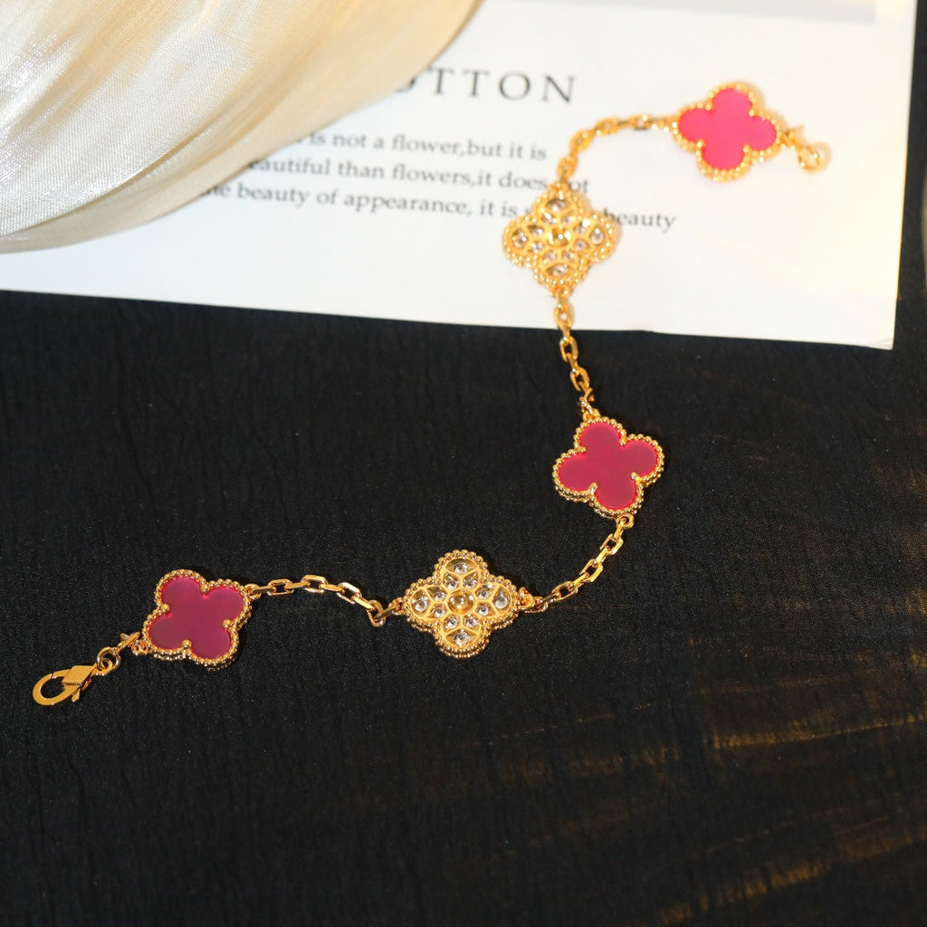 Van Cleef & Arpels CLOVER 5 GOLD DIAMOND PINK NATURAL STONE BRACELET