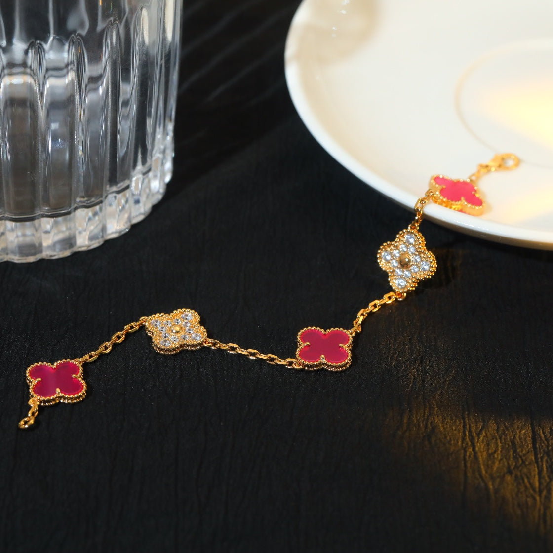 Van Cleef & Arpels CLOVER 5 GOLD DIAMOND PINK NATURAL STONE BRACELET