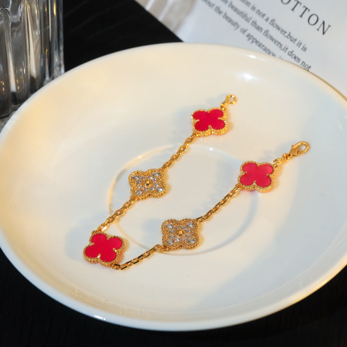 Van Cleef & Arpels CLOVER 5 GOLD DIAMOND PINK NATURAL STONE BRACELET
