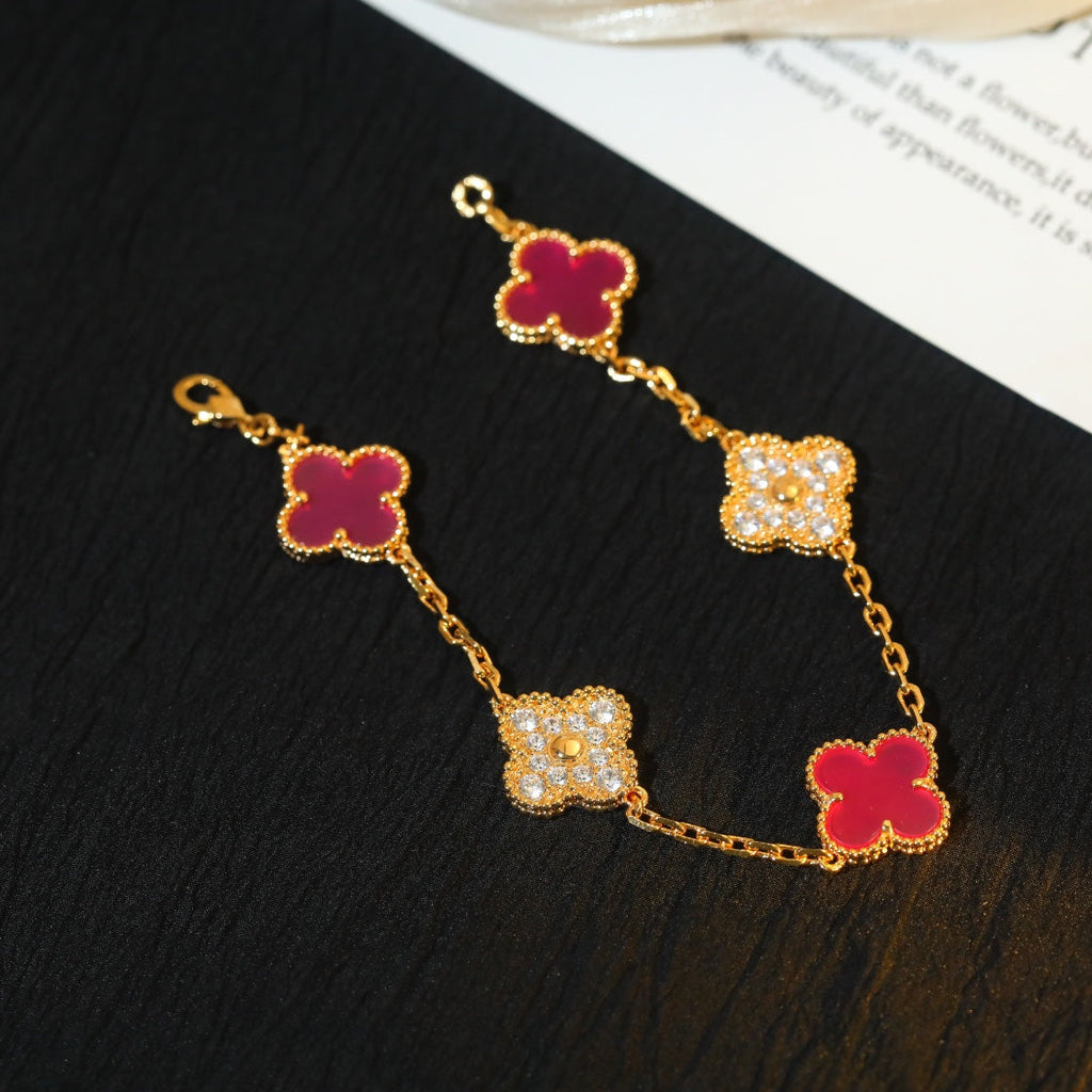 Van Cleef & Arpels CLOVER 5 GOLD DIAMOND PINK NATURAL STONE BRACELET
