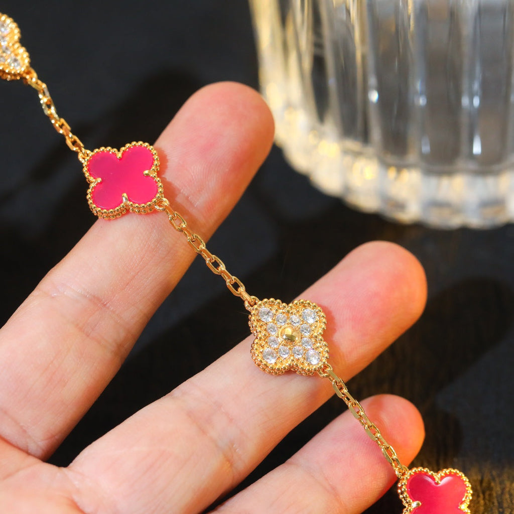 Van Cleef & Arpels CLOVER 5 GOLD DIAMOND PINK NATURAL STONE BRACELET