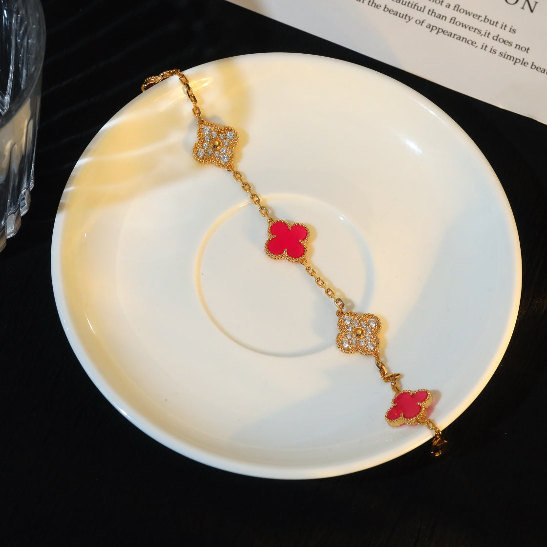 Van Cleef & Arpels CLOVER 5 GOLD DIAMOND PINK NATURAL STONE BRACELET