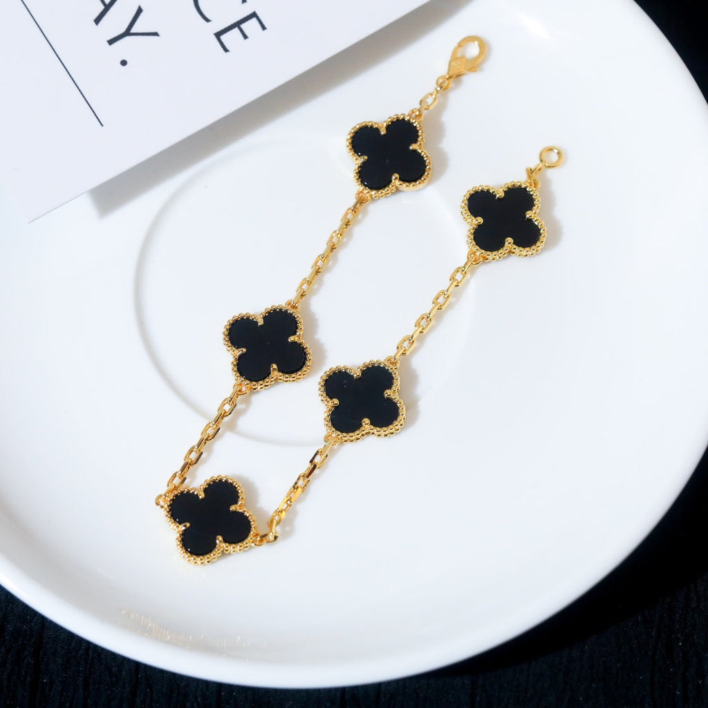 Van Cleef & Arpels CLOVER 5 MOTIF ONYX PINK GOLD BRACELET