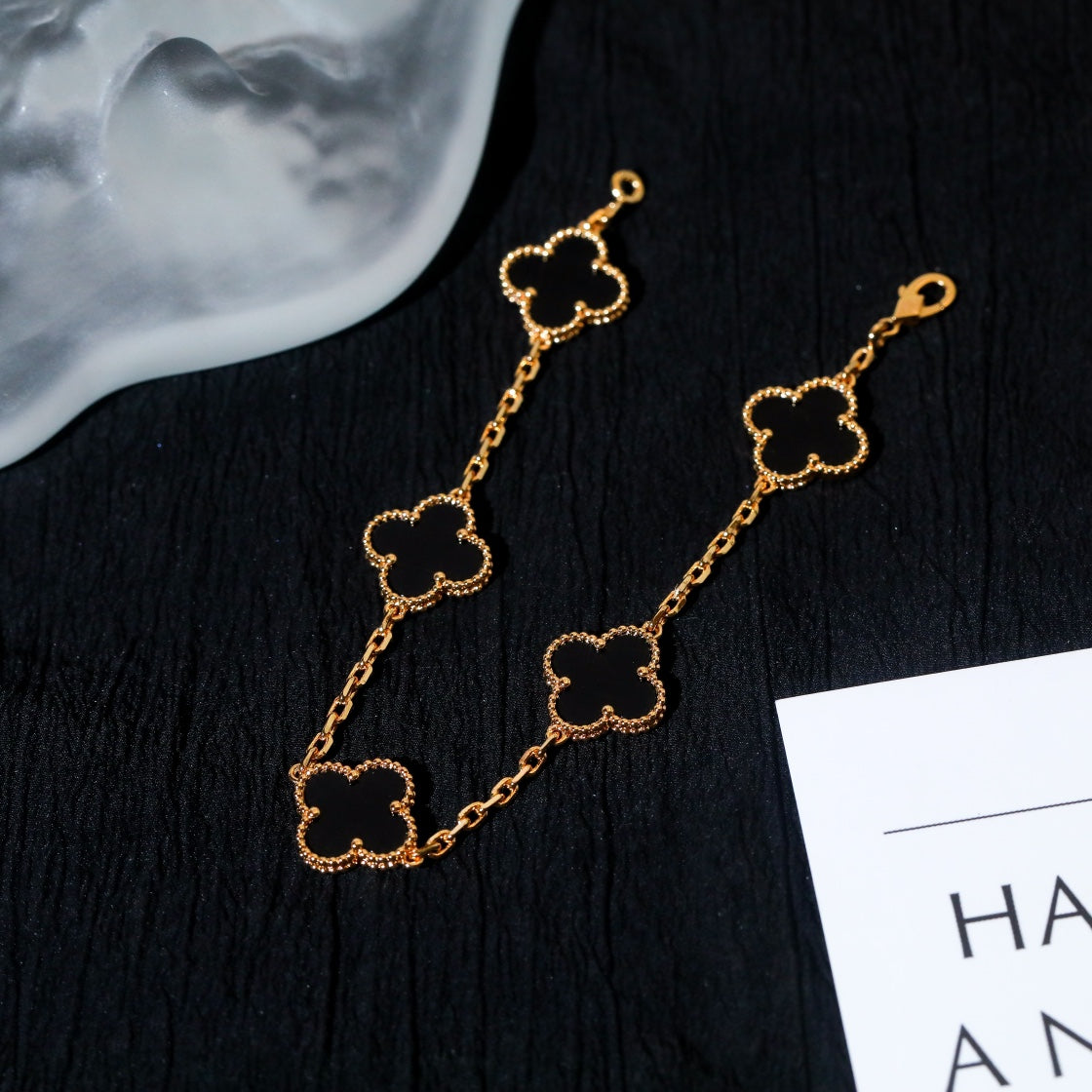 Van Cleef & Arpels CLOVER 5 MOTIF ONYX PINK GOLD BRACELET