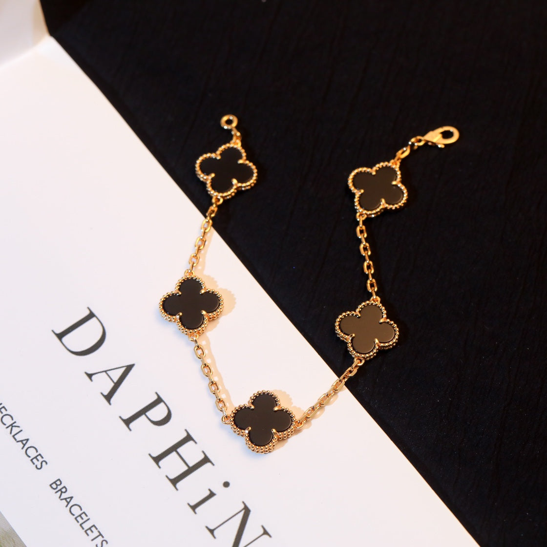 Van Cleef & Arpels CLOVER 5 MOTIF ONYX PINK GOLD BRACELET