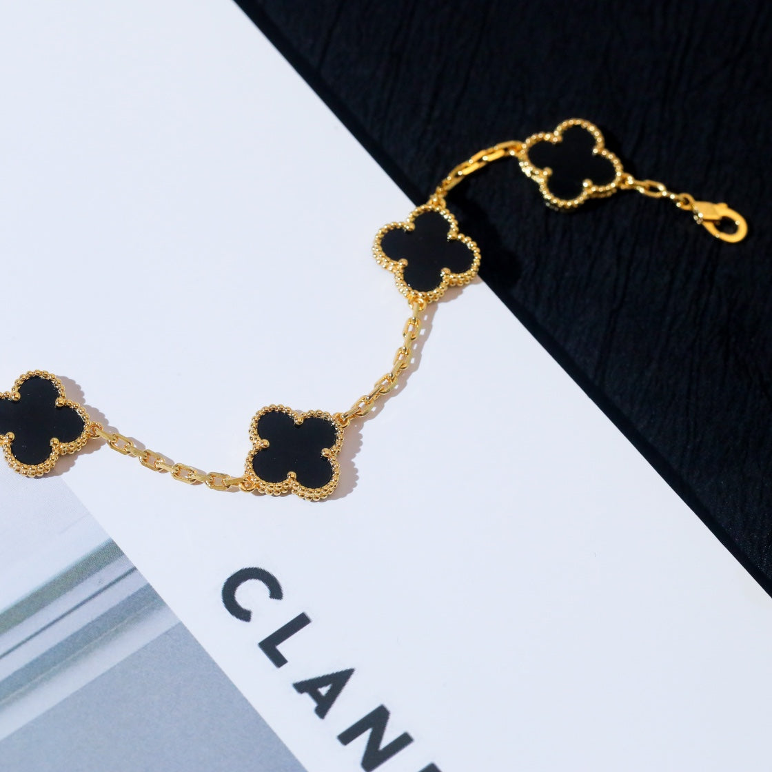 Van Cleef & Arpels CLOVER 5 MOTIF ONYX PINK GOLD BRACELET