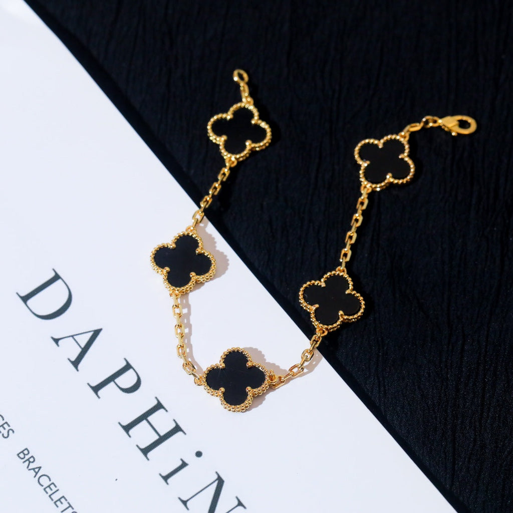 Van Cleef & Arpels CLOVER 5 MOTIF ONYX PINK GOLD BRACELET