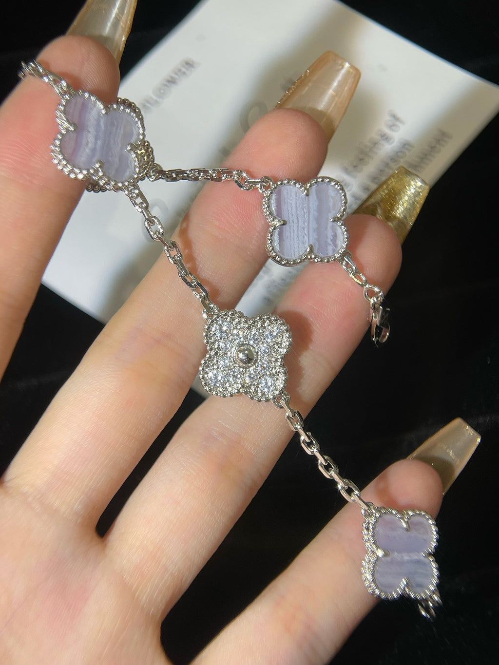 Van Cleef & Arpels CLOVER 5 MOTIFS SILVER CHALCEDONY DIAMOND BRACELET
