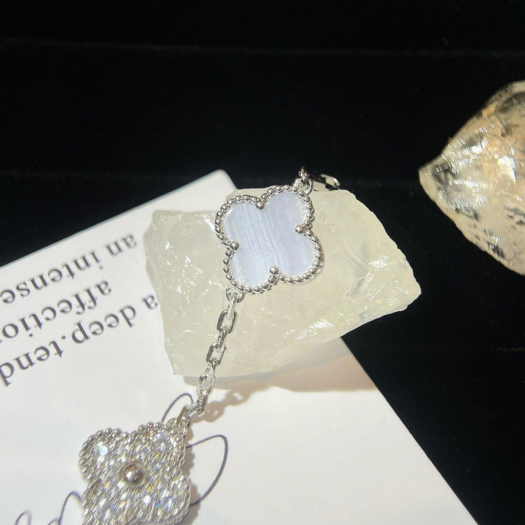 Van Cleef & Arpels CLOVER 5 MOTIFS SILVER CHALCEDONY DIAMOND BRACELET
