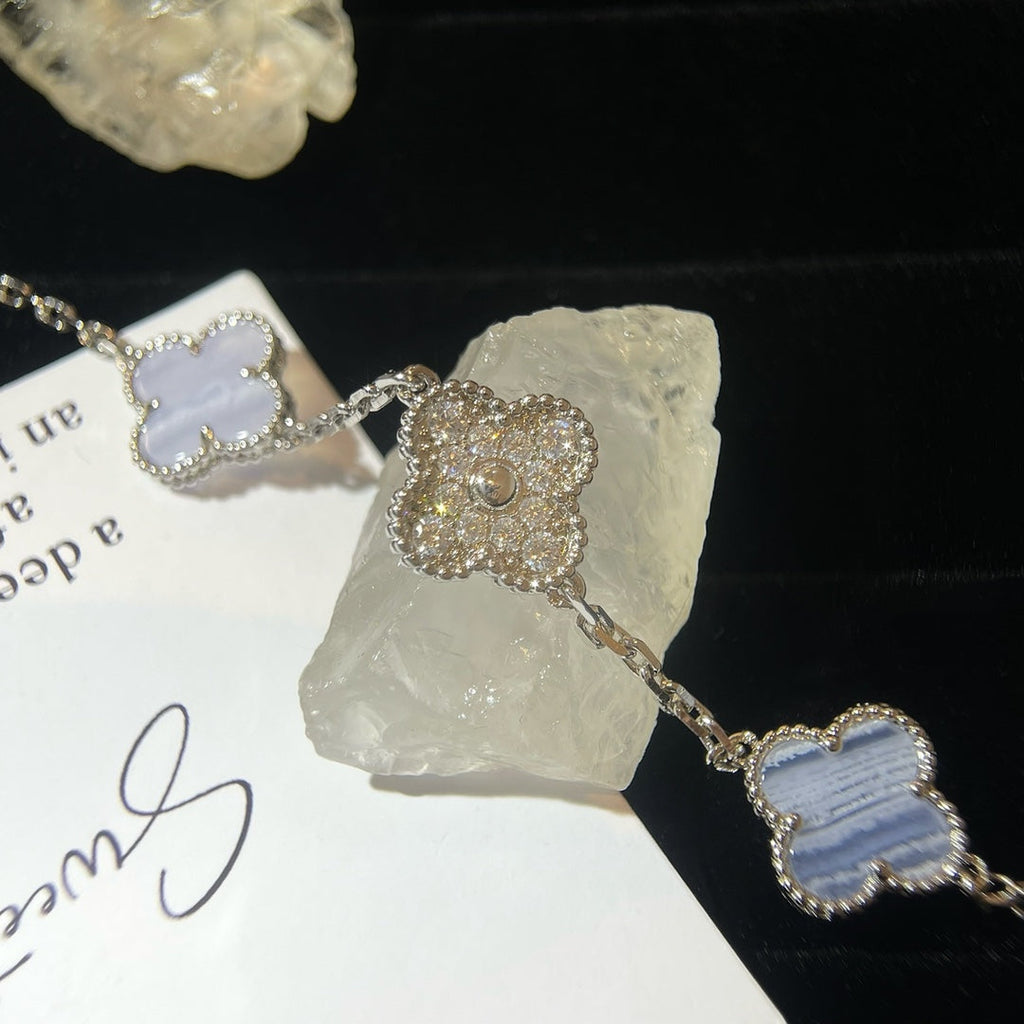 Van Cleef & Arpels CLOVER 5 MOTIFS SILVER CHALCEDONY DIAMOND BRACELET