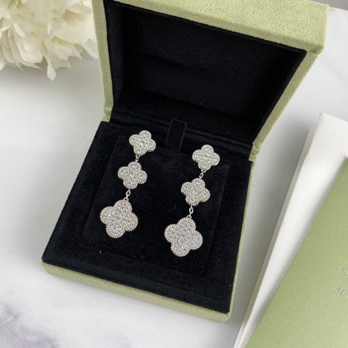 Van Cleef & Arpels CLOVER 3 MOTIF DIAMOND SILVER DROP EARRINGS