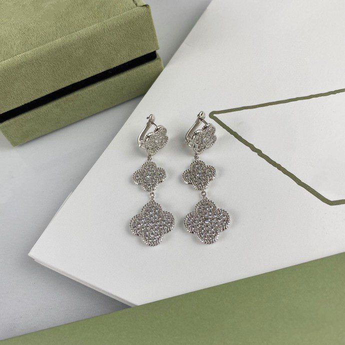 Van Cleef & Arpels CLOVER 3 MOTIF DIAMOND SILVER DROP EARRINGS