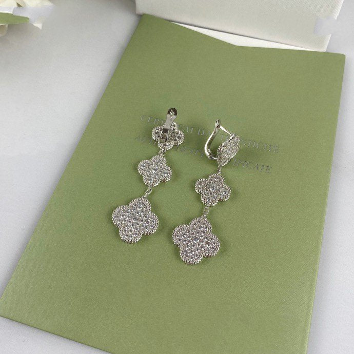 Van Cleef & Arpels CLOVER 3 MOTIF DIAMOND SILVER DROP EARRINGS